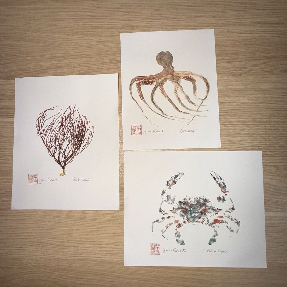 Jim Roberts Gyotaku Coastal Art Prints Set of 3 Blue Crab Octopus Red Coral